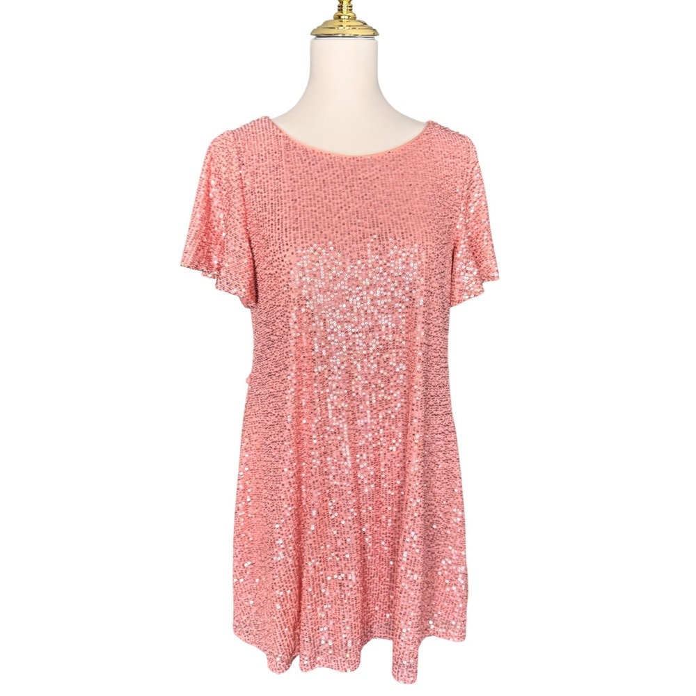 LC Lauren Conrad Pink Peach Sequin Flutter Sleeve Shift Dress Size Medium - Picture 1 of 11